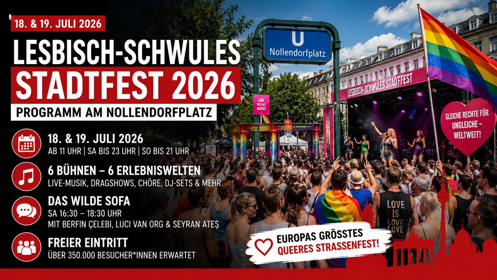 Lesbisch-Schwules Stadtfest 2026 am Nollendorfplatz in Berlin-Schöneberg mit Regenbogenfahnen, Bühne und zahlreichen Besuchern