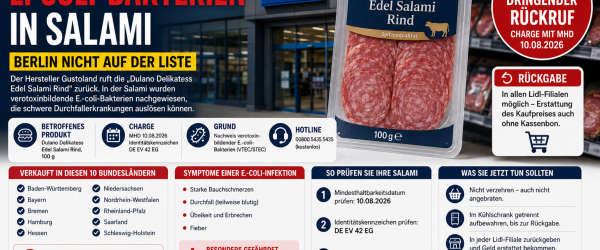 Lidl Rückruf Salami wegen E.-coli-Bakterien mit betroffener Dulano Edel Salami Rind und Hinweis, dass Berlin nicht betroffen ist
