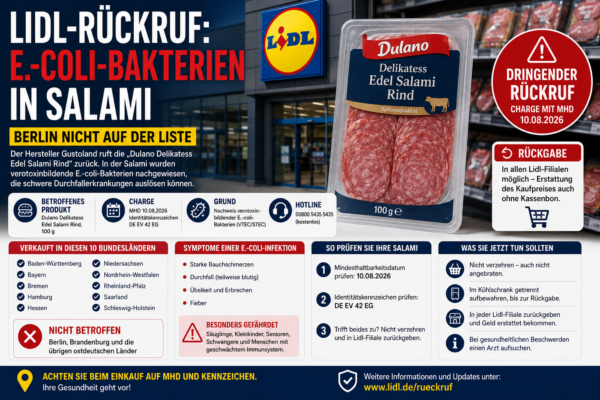 Lidl Rückruf Salami wegen E.-coli-Bakterien mit betroffener Dulano Edel Salami Rind und Hinweis, dass Berlin nicht betroffen ist