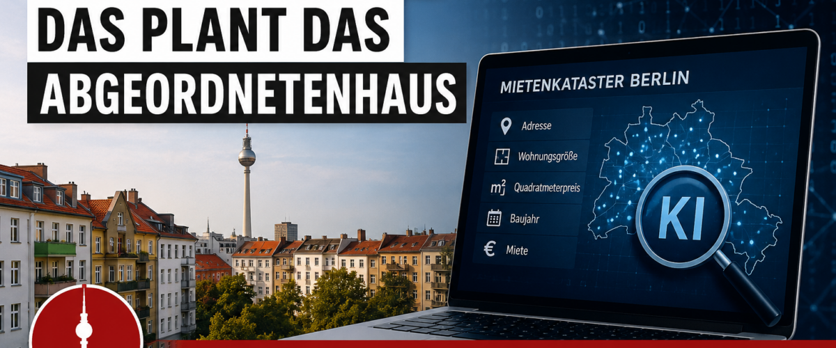Mietenkataster Berlin mit Berliner Wohnhäusern, digitalem Register und KI-Auswertung der Mietpreise