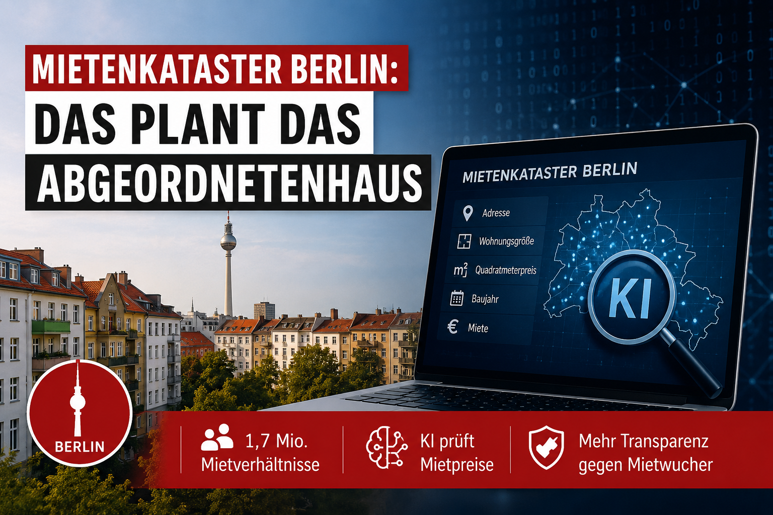 Mietenkataster Berlin mit Berliner Wohnhäusern, digitalem Register und KI-Auswertung der Mietpreise