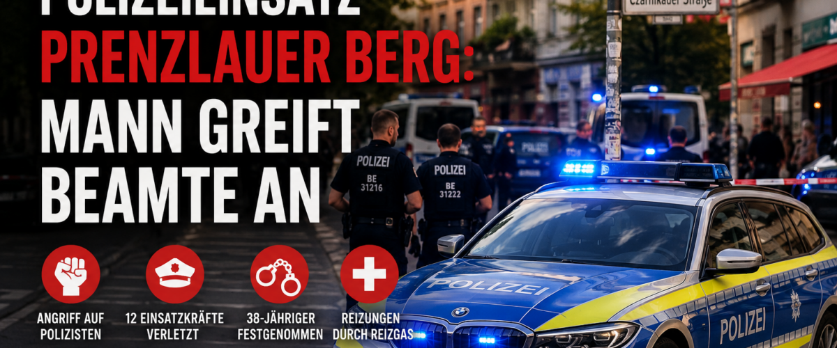 Polizeieinsatz in Prenzlauer Berg mit Polizeiwagen, Blaulicht und Einsatzkräften an der Malmöer Straße