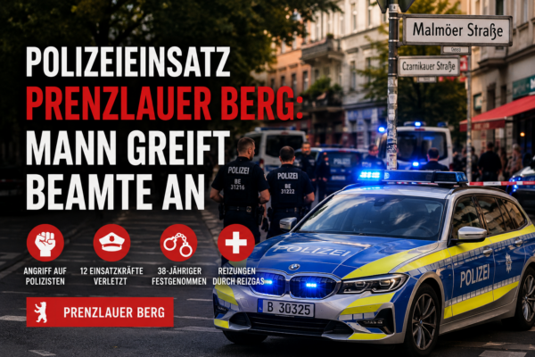 Polizeieinsatz in Prenzlauer Berg mit Polizeiwagen, Blaulicht und Einsatzkräften an der Malmöer Straße