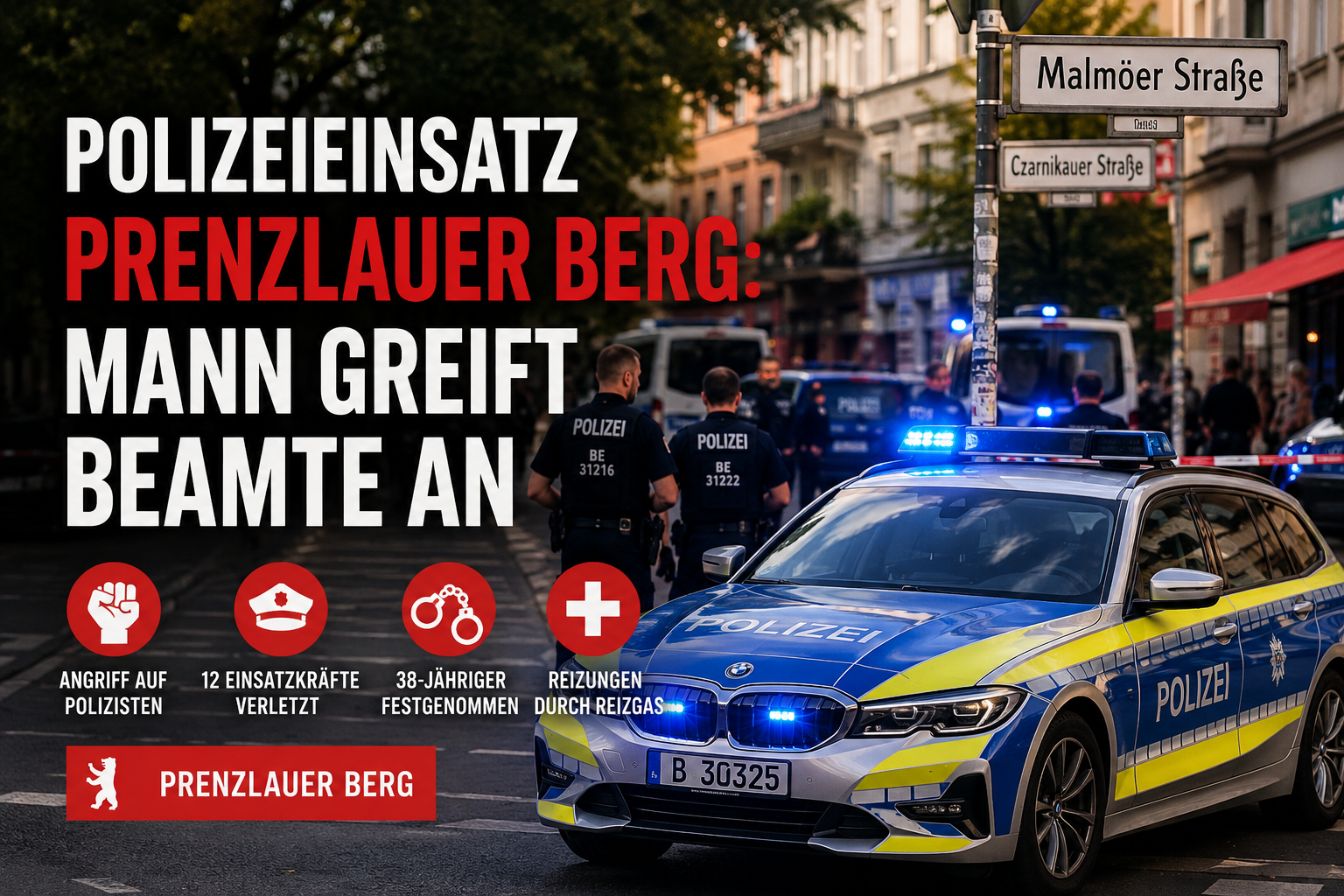 Polizeieinsatz in Prenzlauer Berg mit Polizeiwagen, Blaulicht und Einsatzkräften an der Malmöer Straße