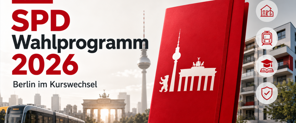 Titelbild zum SPD Wahlprogramm Berlin 2026 mit Berliner Skyline, roter Programmmappe, ÖPNV, Wohnen und Politik-Symbolen