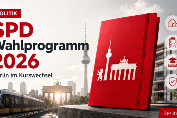 Titelbild zum SPD Wahlprogramm Berlin 2026 mit Berliner Skyline, roter Programmmappe, ÖPNV, Wohnen und Politik-Symbolen