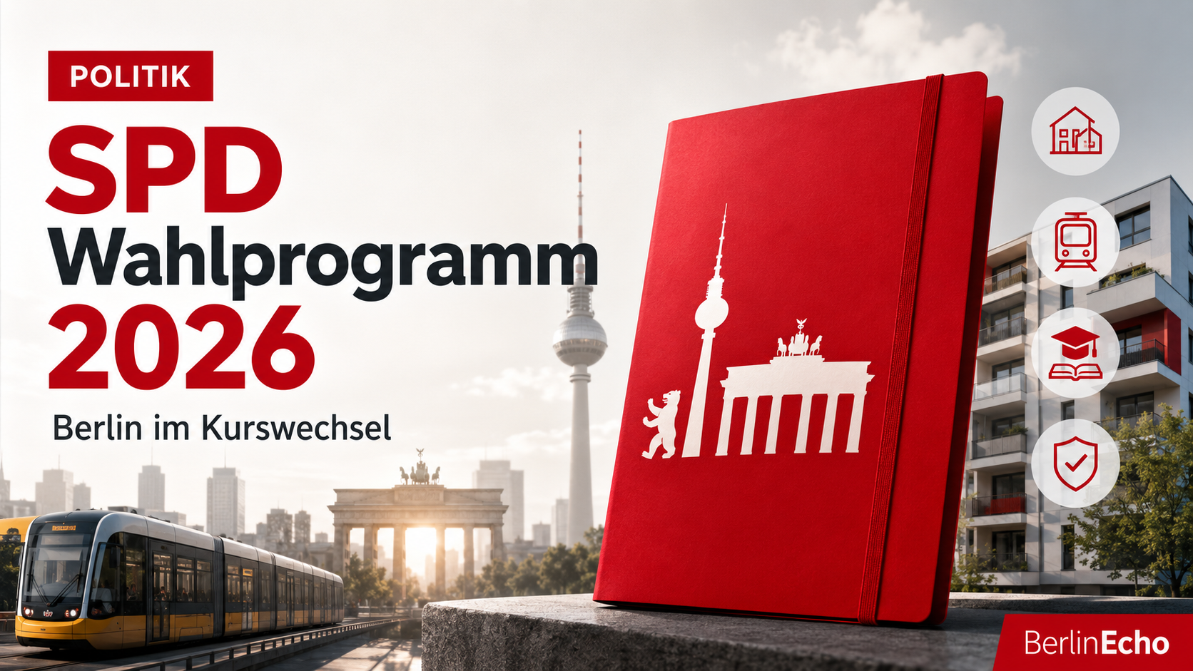 Titelbild zum SPD Wahlprogramm Berlin 2026 mit Berliner Skyline, roter Programmmappe, ÖPNV, Wohnen und Politik-Symbolen