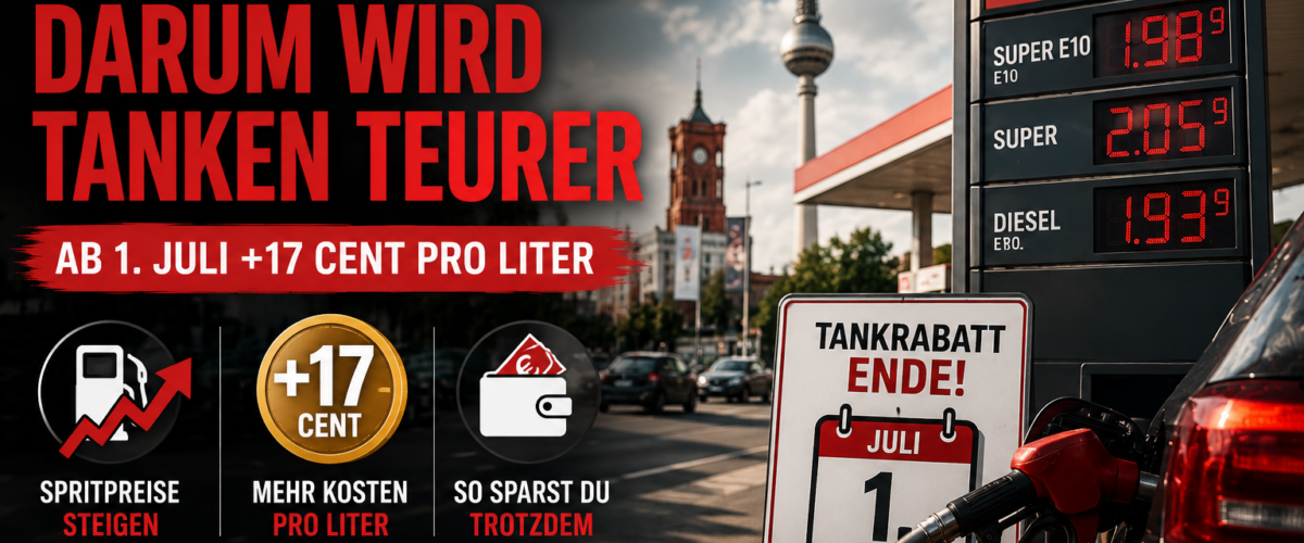 Tankrabatt-Ende in Berlin mit Zapfsäule, steigenden Spritpreisen und Hinweis auf 17 Cent mehr pro Liter