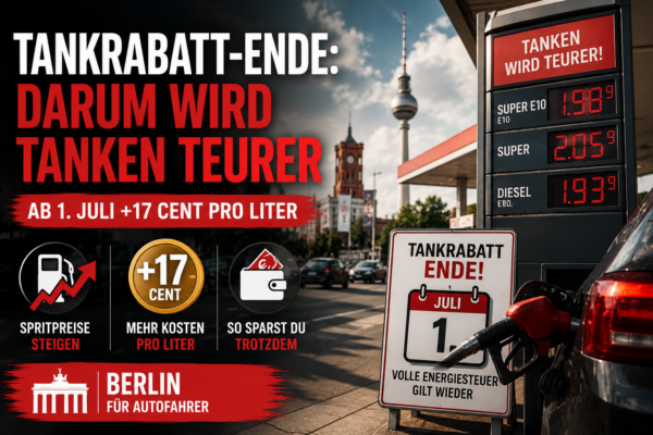 Tankrabatt-Ende in Berlin mit Zapfsäule, steigenden Spritpreisen und Hinweis auf 17 Cent mehr pro Liter