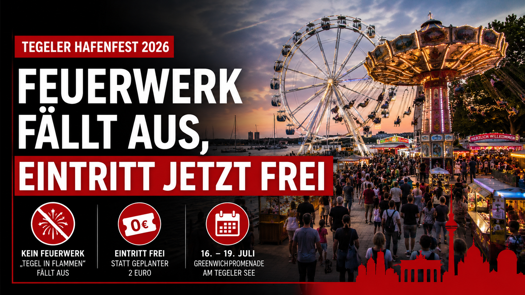 Tegeler Hafenfest 2026 an der Greenwichpromenade mit Fahrgeschäften, freiem Eintritt und abgesagtem Feuerwerk