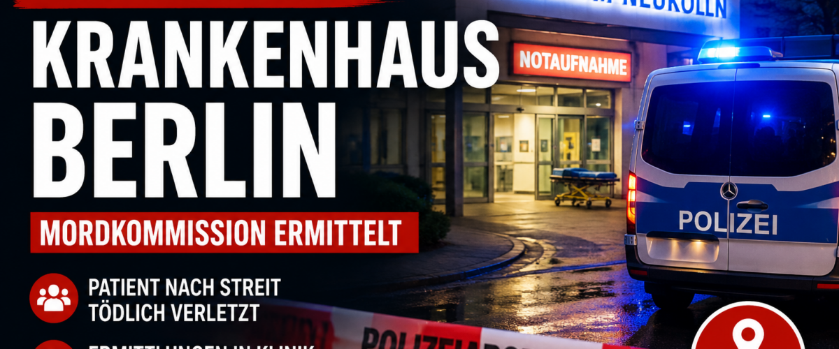 Tötungsdelikt Krankenhaus Berlin mit Polizeiabsperrung vor Klinik in Neukölln