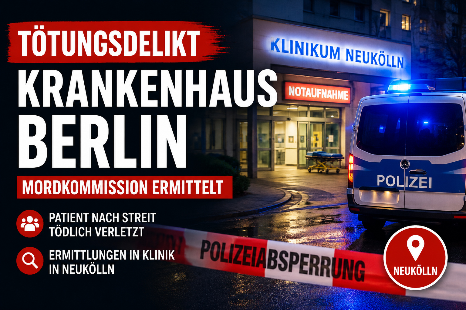 Tötungsdelikt Krankenhaus Berlin mit Polizeiabsperrung vor Klinik in Neukölln