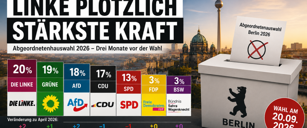 Wahlumfrage Berlin 2026 mit Wahlurne, Berliner Skyline und Umfragewerten zur Abgeordnetenhauswahl