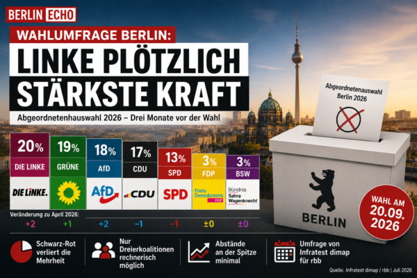 Wahlumfrage Berlin 2026 mit Wahlurne, Berliner Skyline und Umfragewerten zur Abgeordnetenhauswahl