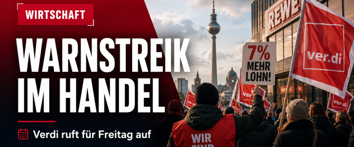 Warnstreik Handel Berlin mit Verdi-Fahnen und Beschäftigten im Einzelhandel