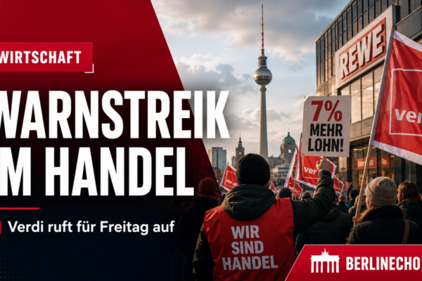 Warnstreik Handel Berlin mit Verdi-Fahnen und Beschäftigten im Einzelhandel