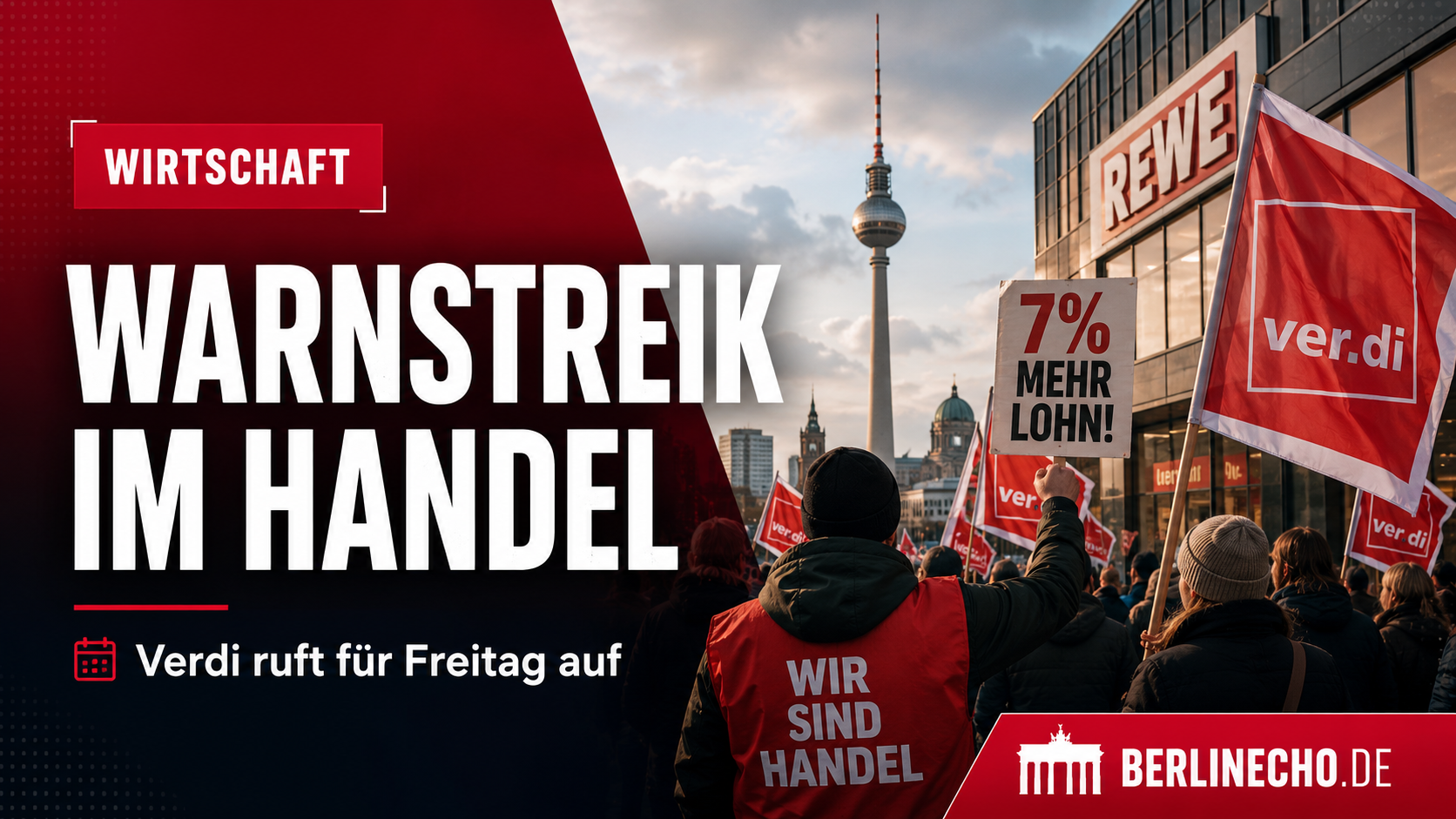 Warnstreik Handel Berlin mit Verdi-Fahnen und Beschäftigten im Einzelhandel