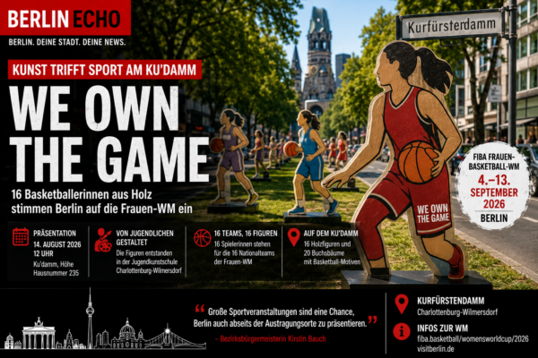 We Own the Game am Kurfürstendamm mit Basketball-Holzfiguren zur FIBA Frauen-Basketball-WM 2026 in Berlin