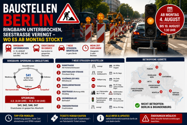 Baustellen Berlin mit unterbrochener Ringbahn, Ersatzbussen und neuen Straßensperrungen ab 4. August 2026