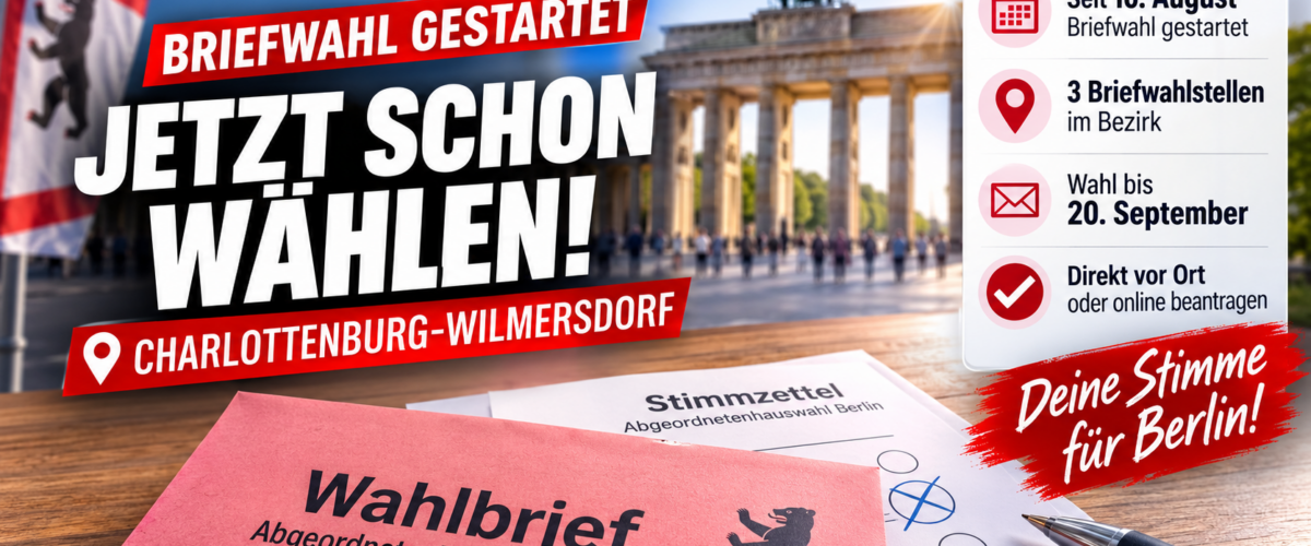Briefwahl in Charlottenburg-Wilmersdorf mit Wahlbrief, Stimmzettel und Brandenburger Tor zur Berlin-Wahl 2026