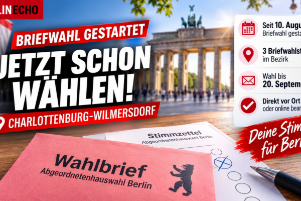 Briefwahl in Charlottenburg-Wilmersdorf mit Wahlbrief, Stimmzettel und Brandenburger Tor zur Berlin-Wahl 2026