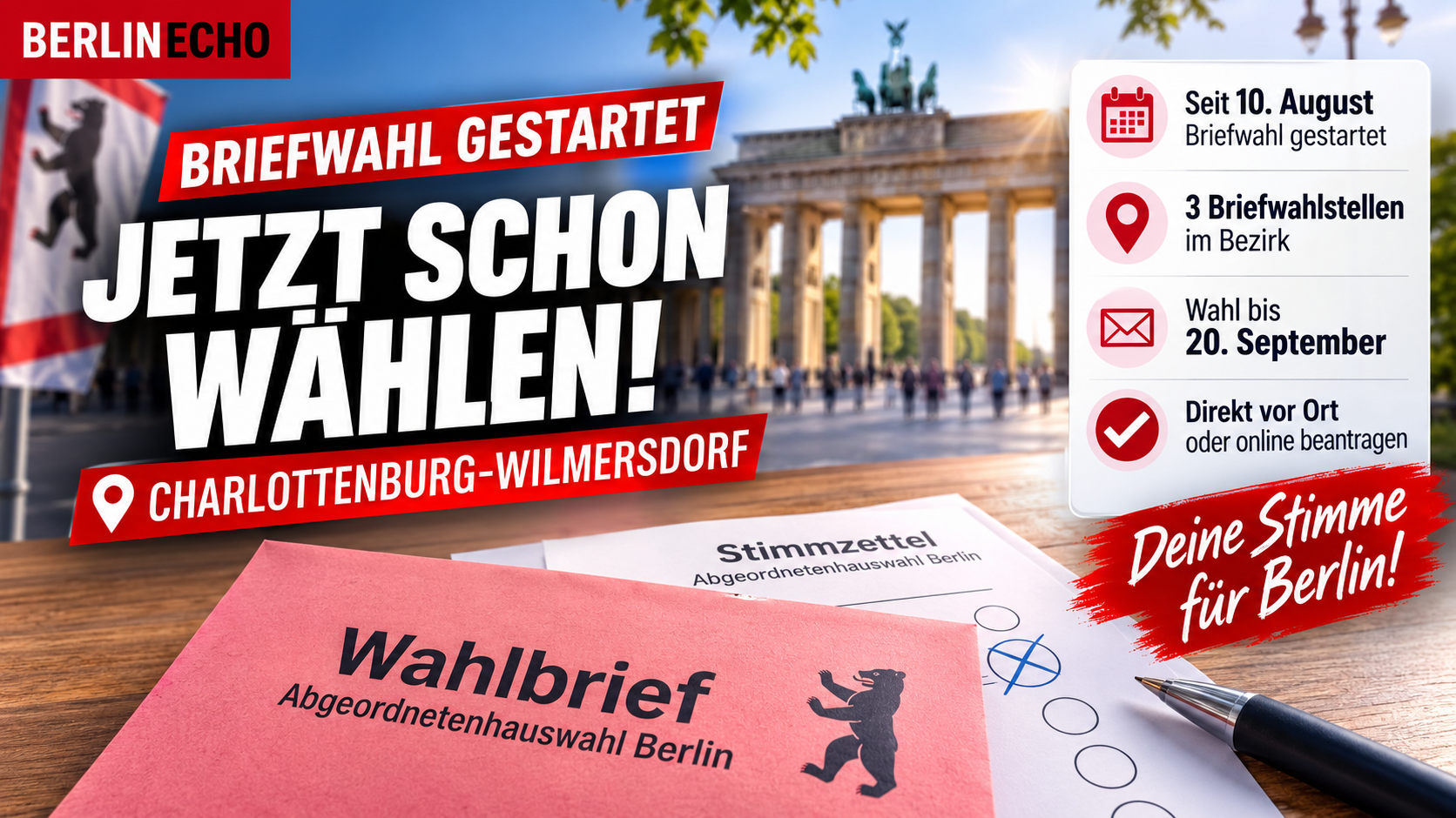 Briefwahl in Charlottenburg-Wilmersdorf mit Wahlbrief, Stimmzettel und Brandenburger Tor zur Berlin-Wahl 2026