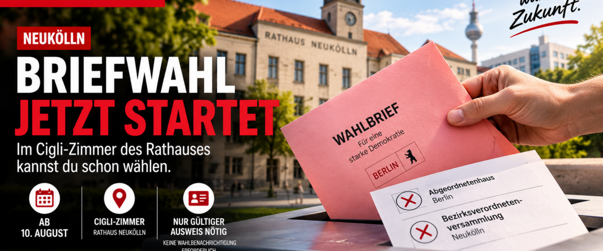 Briefwahl in Neukölln mit Wahlbrief vor dem Rathaus Neukölln zur Berlin-Wahl 2026