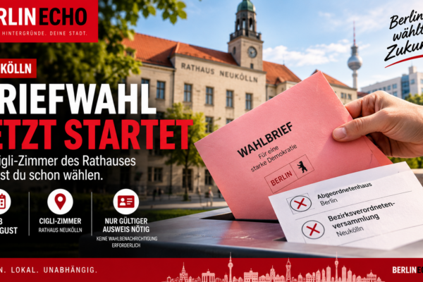 Briefwahl in Neukölln mit Wahlbrief vor dem Rathaus Neukölln zur Berlin-Wahl 2026
