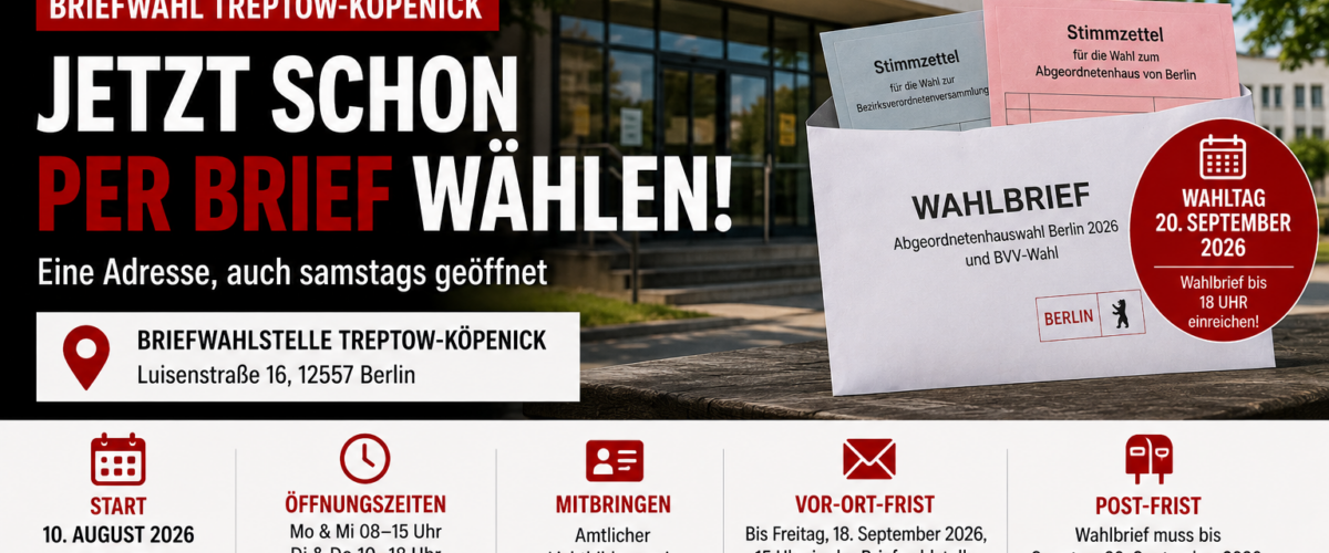 Briefwahl in Treptow-Köpenick mit Wahlbrief, Stimmzetteln und Bezirksamt an der Luisenstraße 16
