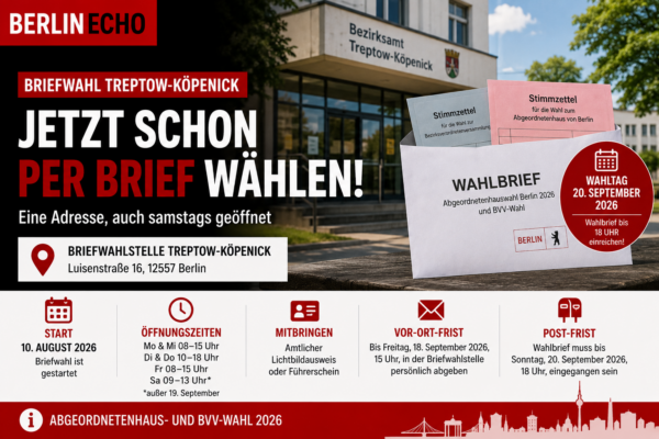 Briefwahl in Treptow-Köpenick mit Wahlbrief, Stimmzetteln und Bezirksamt an der Luisenstraße 16