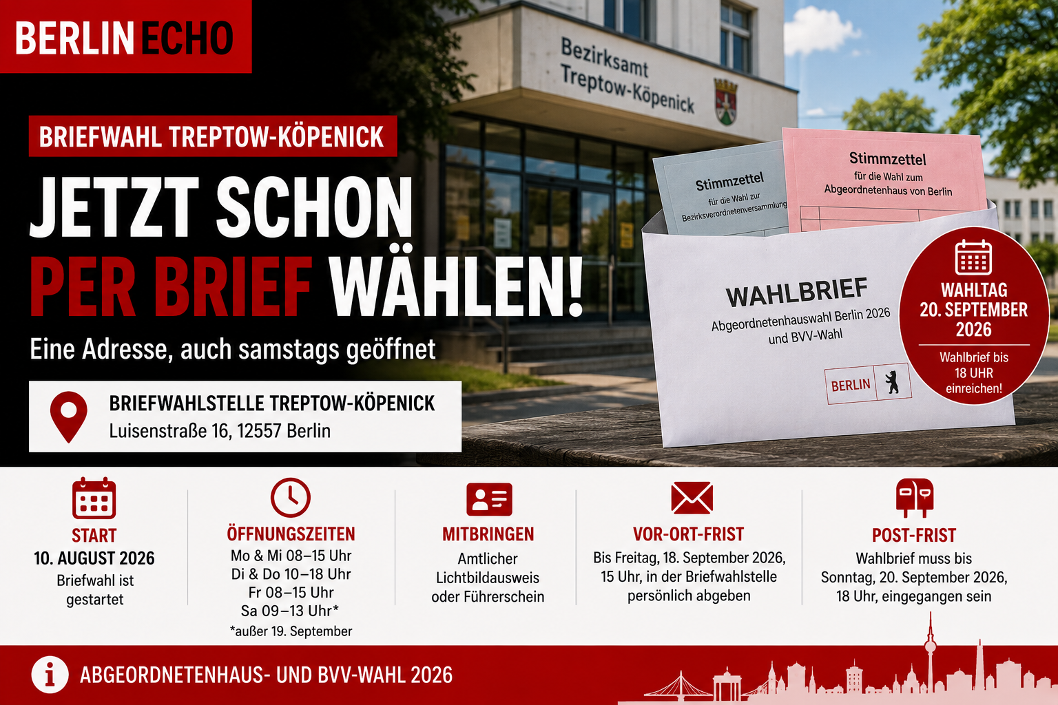 Briefwahl in Treptow-Köpenick mit Wahlbrief, Stimmzetteln und Bezirksamt an der Luisenstraße 16