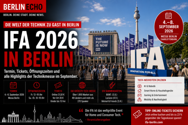 IFA 2026 in Berlin mit Messe Berlin, Funkturm und Besuchern vor dem Messegelände
