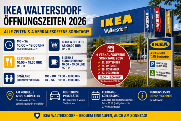 Ikea Waltersdorf Öffnungszeiten 2026 mit vier verkaufsoffenen Sonntagen, Click & Collect und Parkplatzinformationen