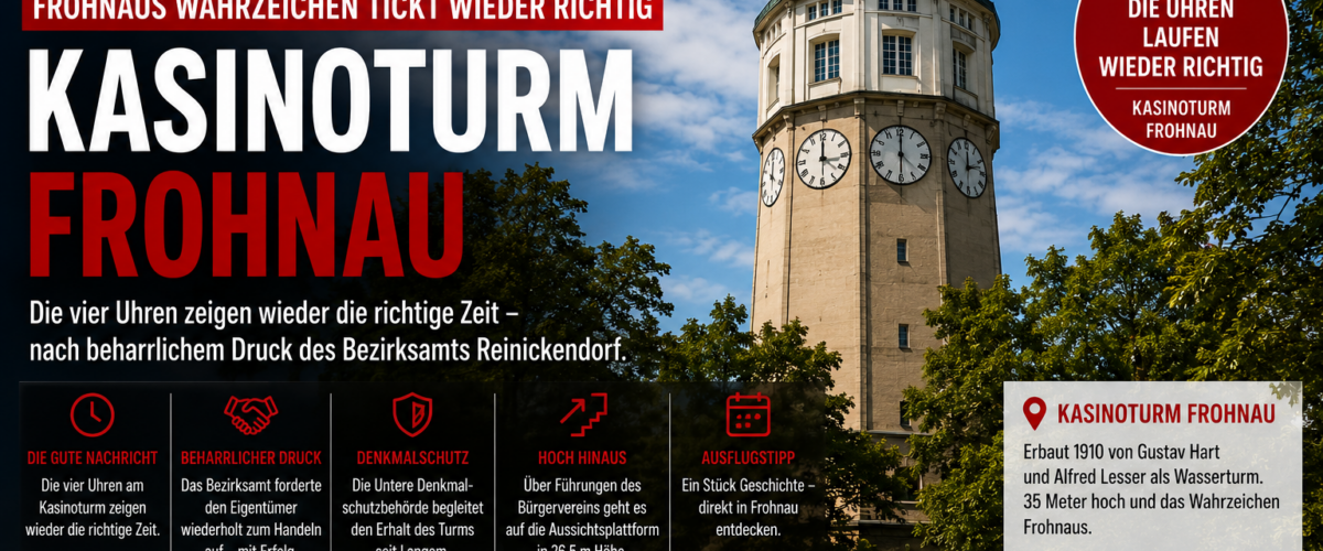 Kasinoturm Frohnau in Berlin mit den vier reparierten Uhren des historischen Wahrzeichens