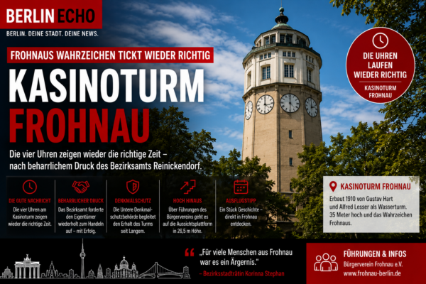 Kasinoturm Frohnau in Berlin mit den vier reparierten Uhren des historischen Wahrzeichens