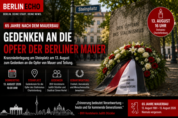 Gedenken an die Opfer der Berliner Mauer mit Kranz am Gedenkstein auf dem Steinplatz in Charlottenburg