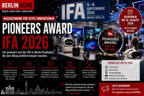 Pioneers Award auf der IFA 2026 in Berlin mit innovativen Technik-Produkten und Award-Trophäe