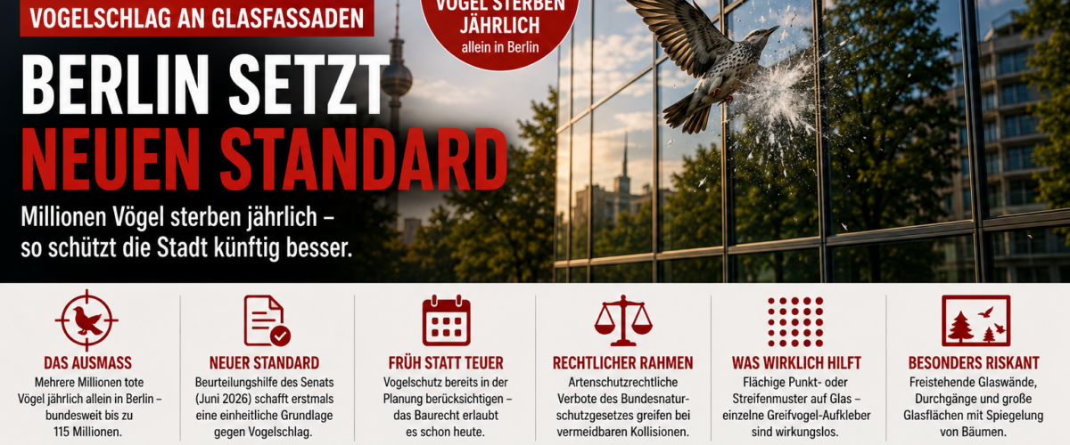 Vogelschlag an Glasfassaden in Berlin mit spiegelnder Gebäudefassade und Hinweis auf neuen Berliner Schutzstandard