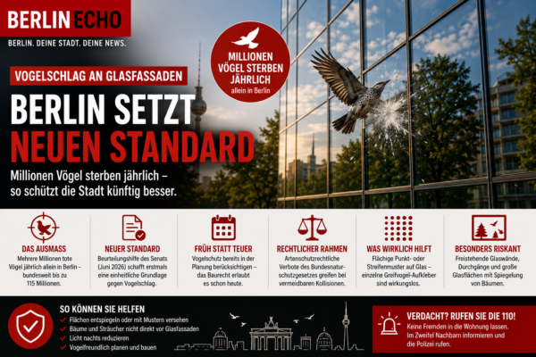 Vogelschlag an Glasfassaden in Berlin mit spiegelnder Gebäudefassade und Hinweis auf neuen Berliner Schutzstandard