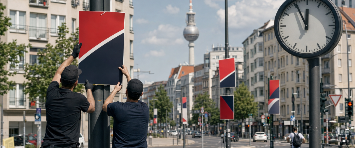 Wahlplakate in Berlin werden zum Start des Straßenwahlkampfs an Laternenmasten angebracht