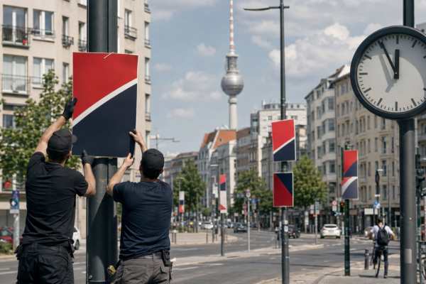 Wahlplakate in Berlin werden zum Start des Straßenwahlkampfs an Laternenmasten angebracht