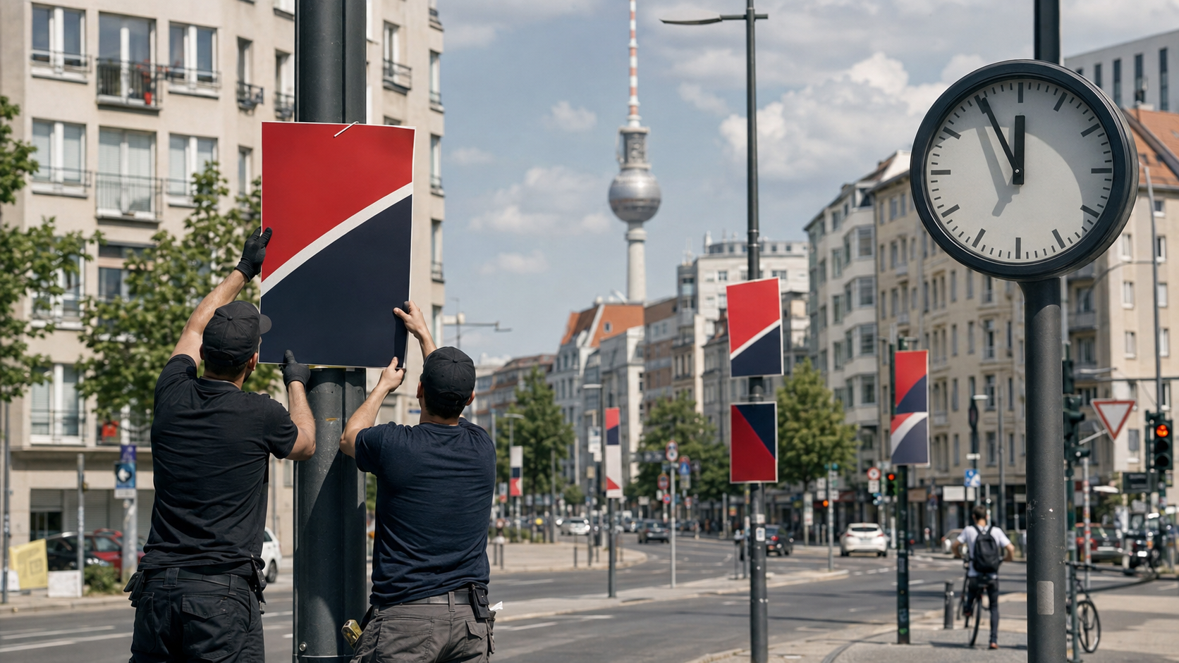 Wahlplakate in Berlin werden zum Start des Straßenwahlkampfs an Laternenmasten angebracht