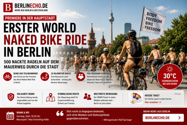 World Naked Bike Ride Berlin mit rund 500 Radfahrenden auf dem Berliner Mauerweg