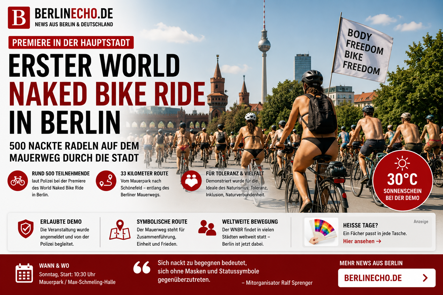 World Naked Bike Ride Berlin mit rund 500 Radfahrenden auf dem Berliner Mauerweg