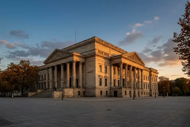Fassade des Abgeordnetenhauses in Berlin bei Abendlicht nach den Umfragen Berlin-Wahl 2026 vor leerem Platz.