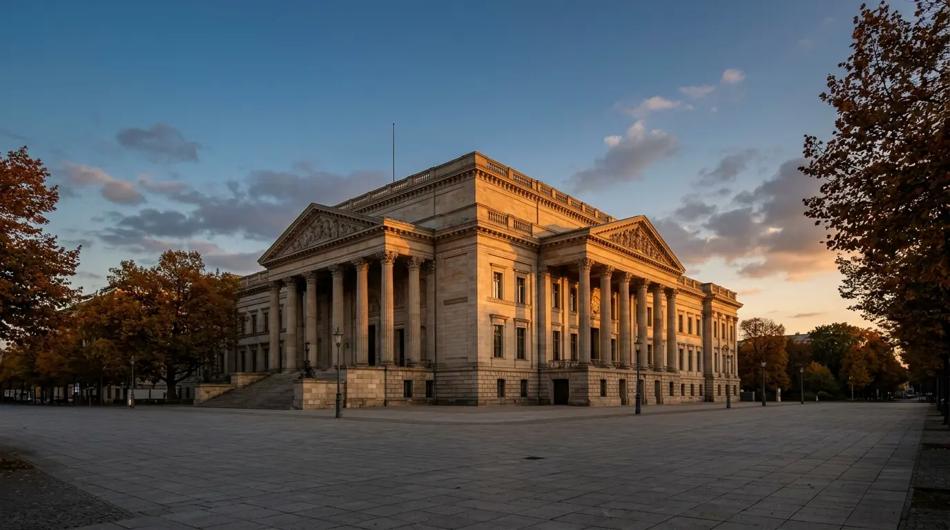 Fassade des Abgeordnetenhauses in Berlin bei Abendlicht nach den Umfragen Berlin-Wahl 2026 vor leerem Platz.
