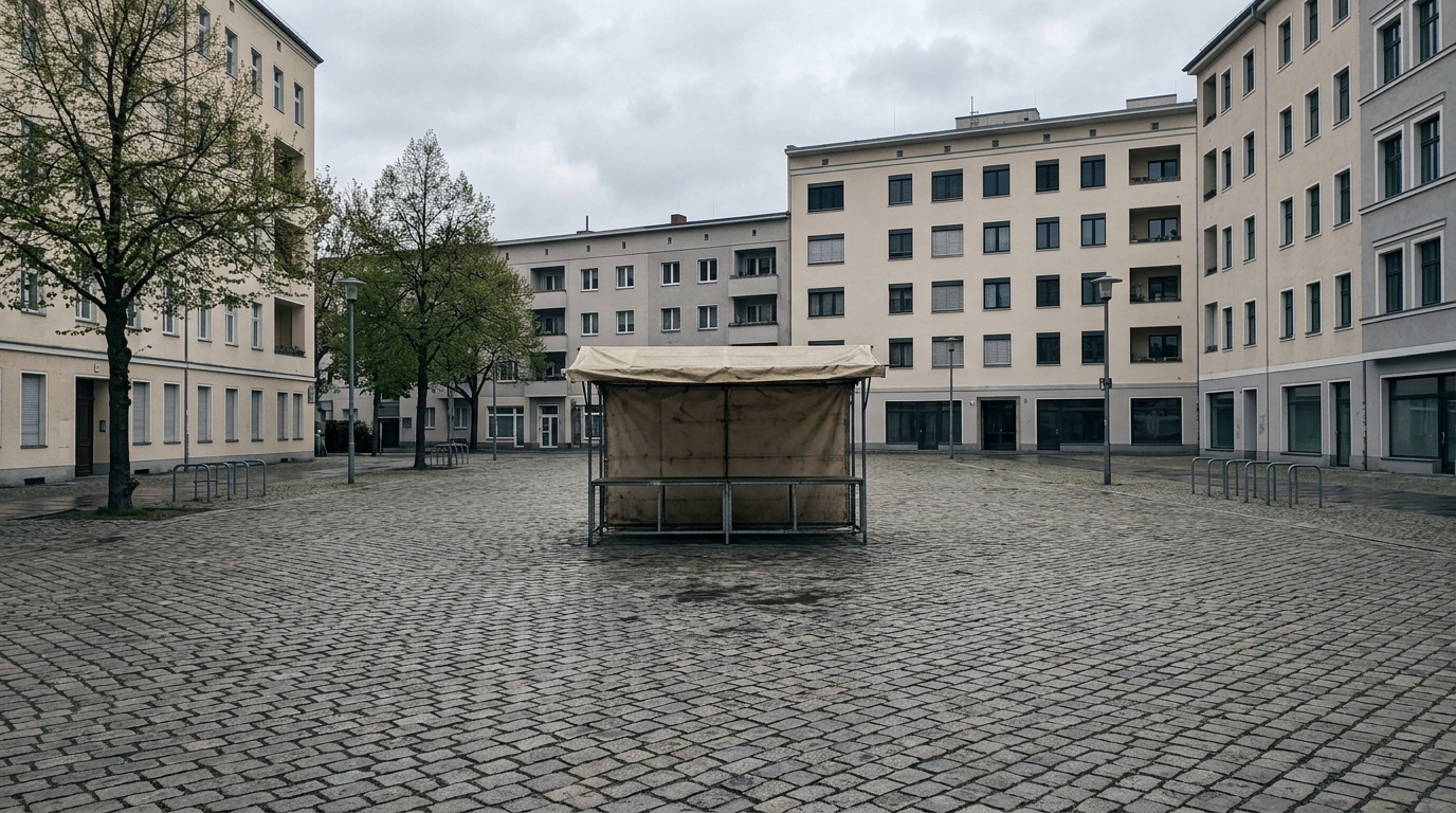 Abgeordneter bedroht Hansaviertel: Menschenleerer Marktplatz mit leerem Wahlkampf-Infostand am Vormittag in Berlin, keine Personen, keine Gegenstände und keine Spuren auf dem Pflaster