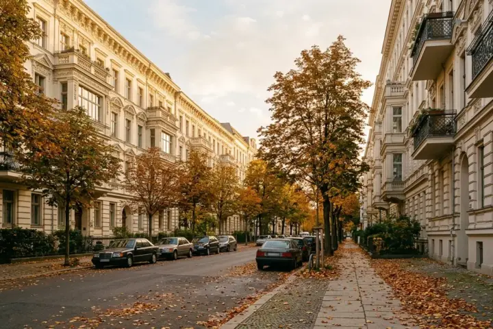 Altbauten mit Stuckfassaden in einem Wohngebiet zum Milieuschutz Charlottenburg im herbstlichen Nachmittagslicht.