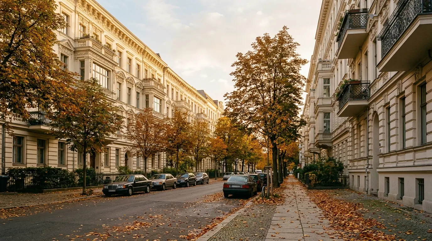 Altbauten mit Stuckfassaden in einem Wohngebiet zum Milieuschutz Charlottenburg im herbstlichen Nachmittagslicht.