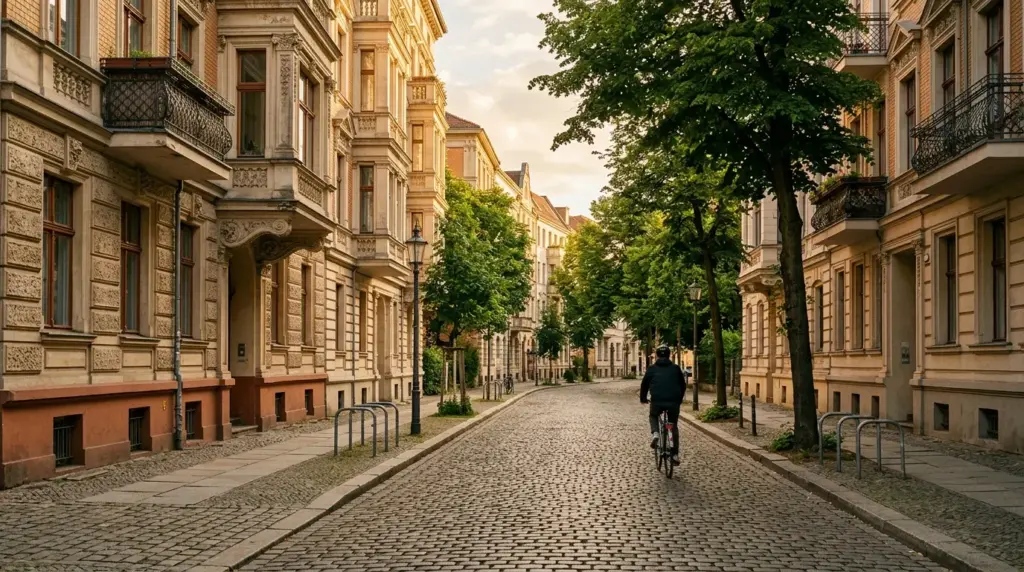 Pflastersteine und historische Altbaufassaden prägen den ruhigen Verlauf der Auguststraße im Berliner Ortsteil Mitte.